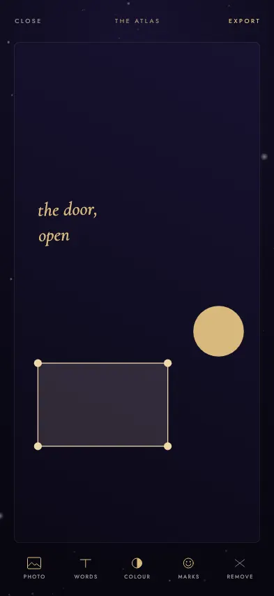 Foreglow Atlas editor with the words the door, open and adjustable shapes